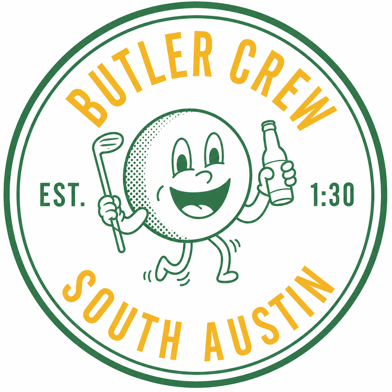 Butler Crew badge logo — a smiling golf ball with a club and a beer